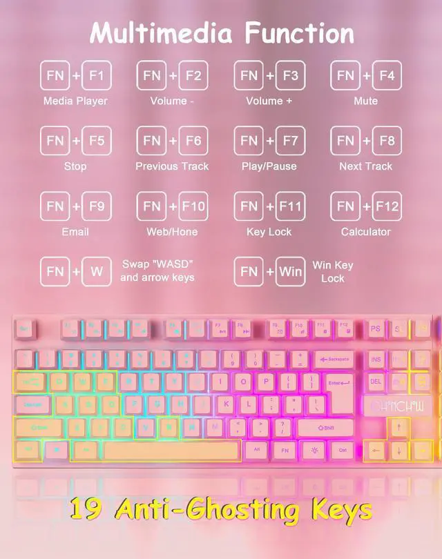 Alt view image 5 of 7 - Pink Gaming Keyboard and Mouse Combo with LED, 104 Keys Wired Light Up Pink Keyboard and Cute Mouse Set for PC Laptop Computer PS4 PS5 Xbox, 19 Keys Anti-ghosting, Multimedia Keys, Number Pad
