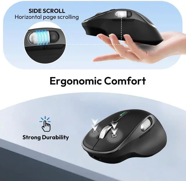 Alt view image 2 of 7 - Wireless Bluetooth Mouse Multi-Device Rechargeable Ergonomic Optical Mouse with 5 Adjustable DPI Bluetooth Computer Mouse for Laptop, Medium to Large Sized Hands,8 Programmable Buttons-Black