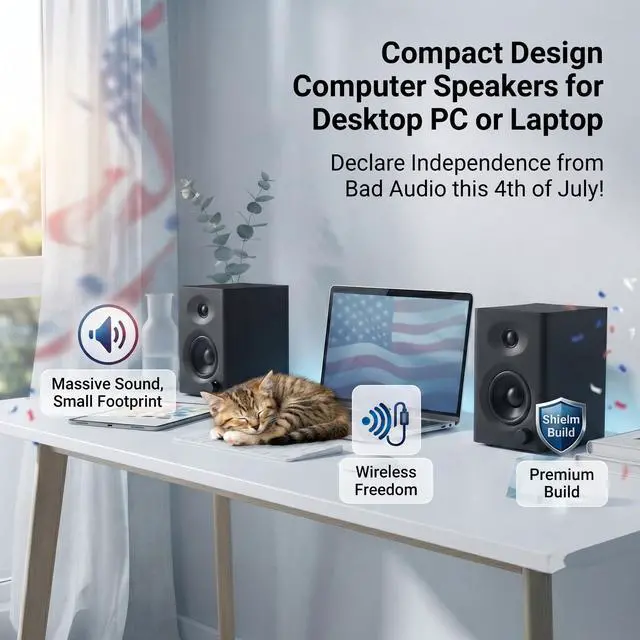 Alt view image 3 of 7 - Computer Speakers for Desktop PC, Bluetooth Wooden Stereo Sound