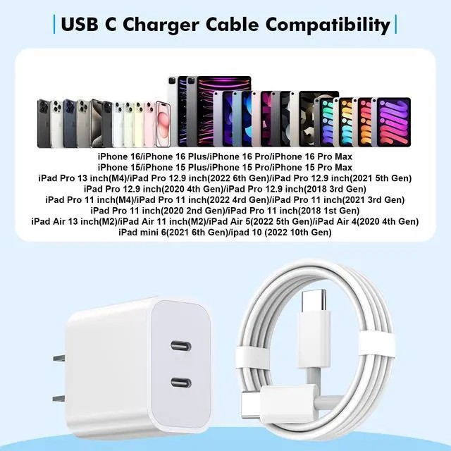 Alt view image 6 of 7 - Charger,Apple Charger Fast Charging,2Pack Dual Port Power Delivery Apple Charging Block,6FT USB C to C iPhone 17 Charge Cable,USB C Charge for iPhone 17/17 Air/16/15 Pro/iPad Pro/Air/Mini