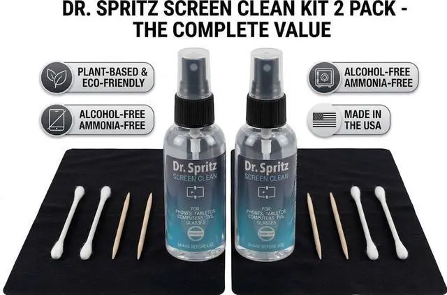 Alt view image 3 of 6 - Dr. Spritz Screen Cleaner Spray (2 Pack) - Streak-Free Cleaning Kit for Laptop, MacBook, iPhone, Smart TV & Computer Monitor - Plant-Based & Alcohol-Free - Includes 2 Microfiber Cloths & Detail Tools