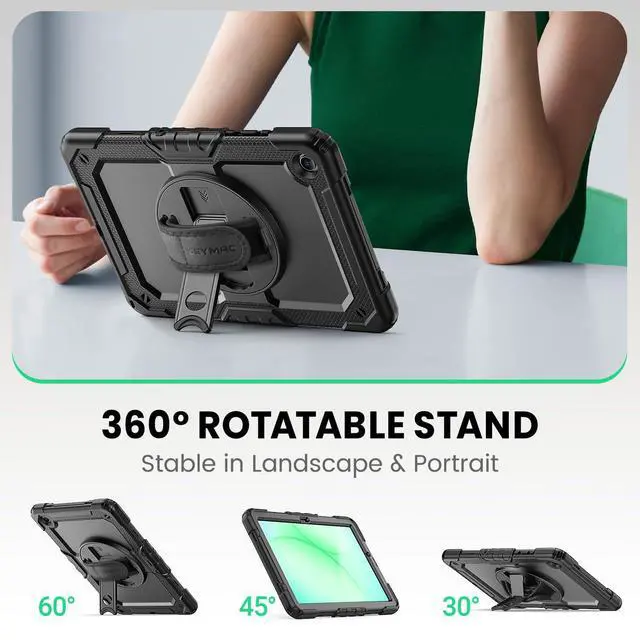 Alt view image 4 of 7 - Case for Samsung Galaxy Tab A11+ Plus / A9+ Plus 11" 2026/2024, Heavy Duty Shockproof Protective Case with Screen Protector, Rotating Stand and Hand/Shoulder Strap, Black