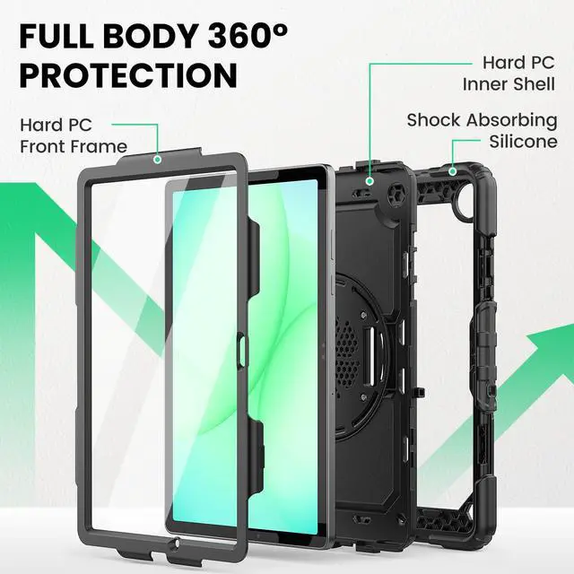 Alt view image 5 of 7 - Case for Samsung Galaxy Tab A11+ Plus / A9+ Plus 11" 2026/2024, Heavy Duty Shockproof Protective Case with Screen Protector, Rotating Stand and Hand/Shoulder Strap, Black