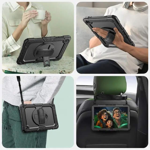 Alt view image 6 of 7 - Case for Samsung Galaxy Tab A11+ Plus / A9+ Plus 11" 2026/2024, Heavy Duty Shockproof Protective Case with Screen Protector, Rotating Stand and Hand/Shoulder Strap, Black