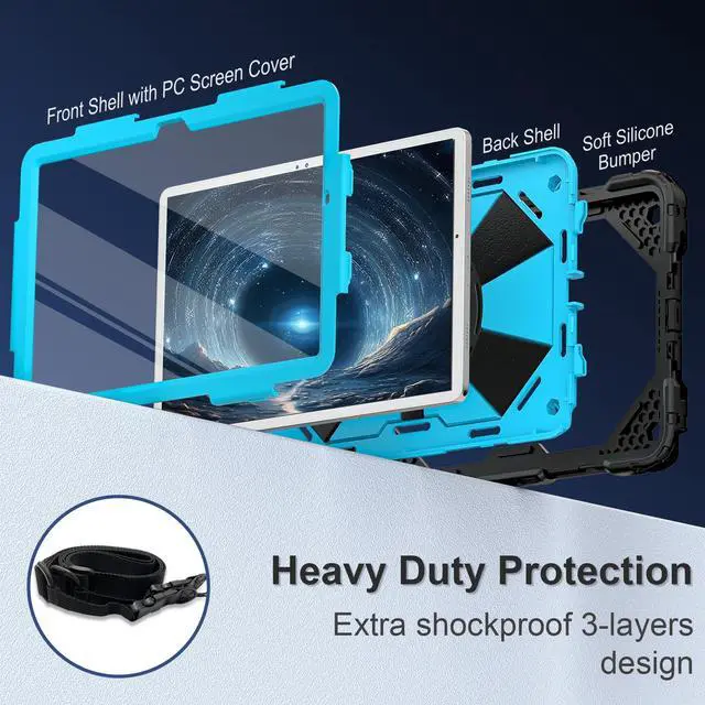 Alt view image 3 of 7 - for Galaxy Tab A11+ Plus / A9+ Case 11 Inch, Rugged Case for Samsung Galaxy A9 Plus/A11+ Tablet with Screen Protector 360 Rotating Stand Shoulder Strap Pen Holder 2025/2023 Model, Black Blue