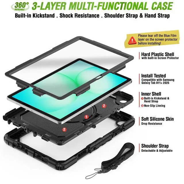 Alt view image 6 of 6 - Case Compatible with Galaxy Tab A11 Plus 2026/ A9 Plus 2023 11-Inch Model SM-X230/SM-X236/SM-X238/SM-X210/SM-X216/SM-X218 with Screen Protector Pen Holder Stand Shoulder Strap Handle Grip