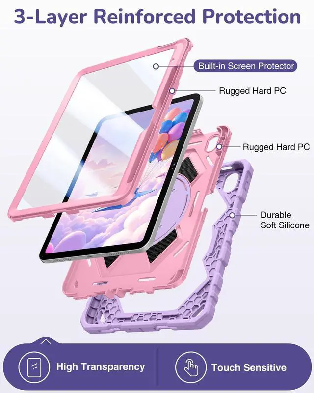 Alt view image 3 of 7 - Shockproof Case for iPad (A16) 11th Generation 11 Inch (2025) / iPad 10th Gen 10.9" - Heavy Duty Kids Cover with Rotating Stand, Built-in Screen Protector & Shoulder Strap, Purple