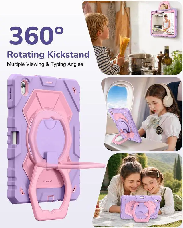 Alt view image 4 of 7 - Shockproof Case for iPad (A16) 11th Generation 11 Inch (2025) / iPad 10th Gen 10.9" - Heavy Duty Kids Cover with Rotating Stand, Built-in Screen Protector & Shoulder Strap, Purple