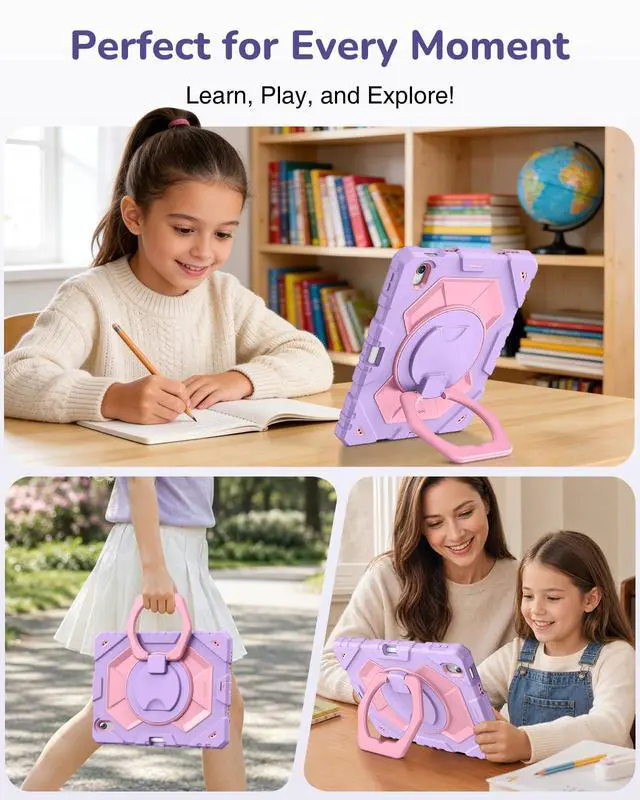 Alt view image 6 of 7 - Shockproof Case for iPad (A16) 11th Generation 11 Inch (2025) / iPad 10th Gen 10.9" - Heavy Duty Kids Cover with Rotating Stand, Built-in Screen Protector & Shoulder Strap, Purple