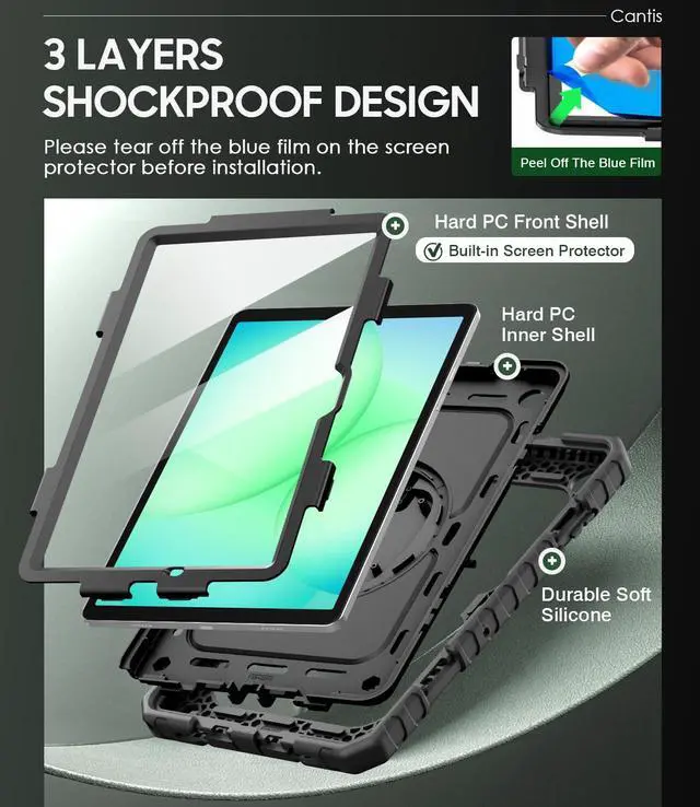 Alt view image 3 of 7 - Case for Samsung Galaxy Tab A11 Plus 11 Inch 2026 (SM-X230/X236/X238), Shockproof Case for Tab A11+ with Screen Protector/Rotating Stand/Pen Holder/Shoulder Strap, Black