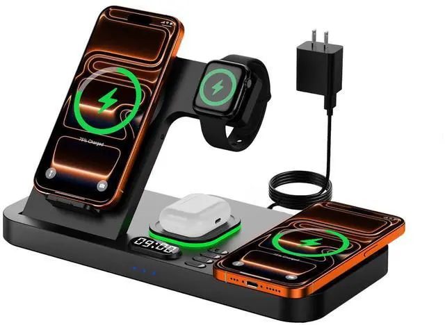 Main image of Dual Phone Magnetic Wireless Charging Station for Apple Devices/Apple Ecosystem, 7-Color Auto Light & 12H Clock, Multi-Device Charger for iPhone 17/16/15, for iWatch 11/10/9 & AirPods Pro3(Black)