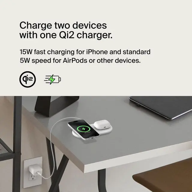 Alt view image 2 of 7 - 2-in-1 Wireless Charging Pad w/ Qi2 15W + Additional USB-C Port - MagSafe-Compatible Charger, Charging Station for iPhone 16 & 15 Series, Samsung Galaxy S25 Series, AirPods, & More - White