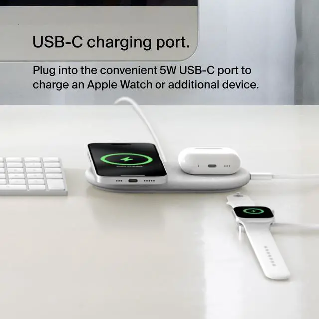 Alt view image 3 of 7 - 2-in-1 Wireless Charging Pad w/ Qi2 15W + Additional USB-C Port - MagSafe-Compatible Charger, Charging Station for iPhone 16 & 15 Series, Samsung Galaxy S25 Series, AirPods, & More - White