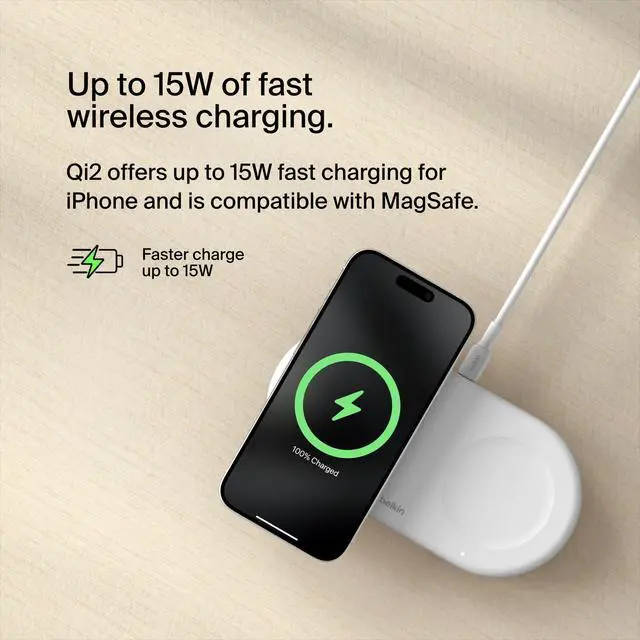 Alt view image 4 of 7 - 2-in-1 Wireless Charging Pad w/ Qi2 15W + Additional USB-C Port - MagSafe-Compatible Charger, Charging Station for iPhone 16 & 15 Series, Samsung Galaxy S25 Series, AirPods, & More - White