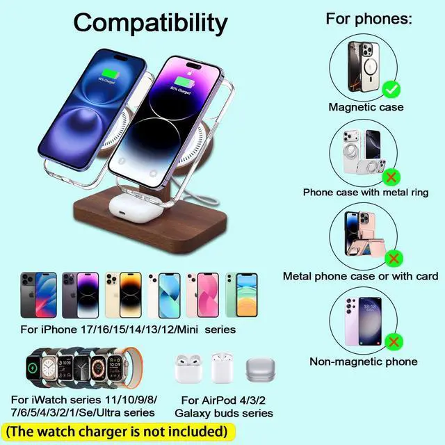 Alt view image 2 of 7 - Wood Dual Phone Charging Station Compatible with Magsafe Charger Stand Magnetic Wireless Charger for iPhone 17 16 15 14 13 12 Series iWatch AirPods Wireless Charging Station for Apple Devices