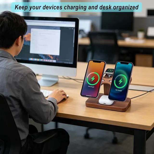 Alt view image 5 of 7 - Wood Dual Phone Charging Station Compatible with Magsafe Charger Stand Magnetic Wireless Charger for iPhone 17 16 15 14 13 12 Series iWatch AirPods Wireless Charging Station for Apple Devices