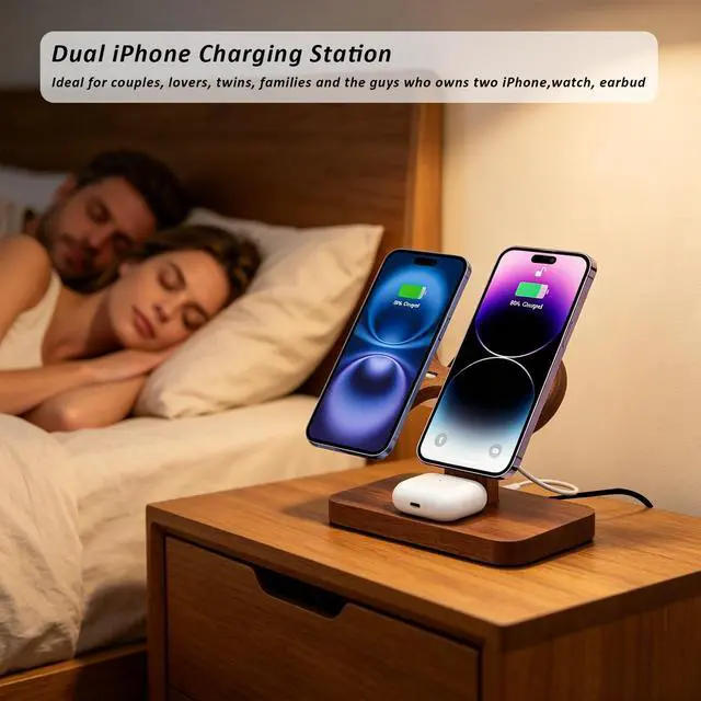 Alt view image 6 of 7 - Wood Dual Phone Charging Station Compatible with Magsafe Charger Stand Magnetic Wireless Charger for iPhone 17 16 15 14 13 12 Series iWatch AirPods Wireless Charging Station for Apple Devices