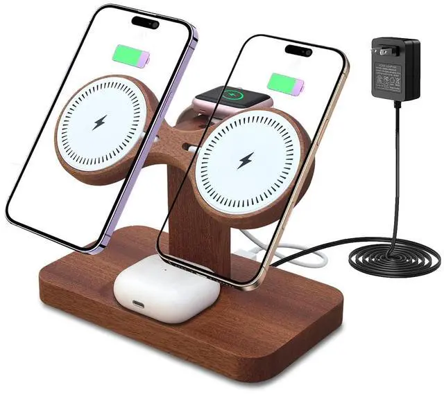 Main image of Magnetic Dual Wireless Charger for Apple Multiple Devices,Two Phone Charging Station for iPhone 17/16/15/14/13,AirPods & Apple Watch,Wood Charger Stand Desk Organizer,Gift for Men Dad Boyfriend