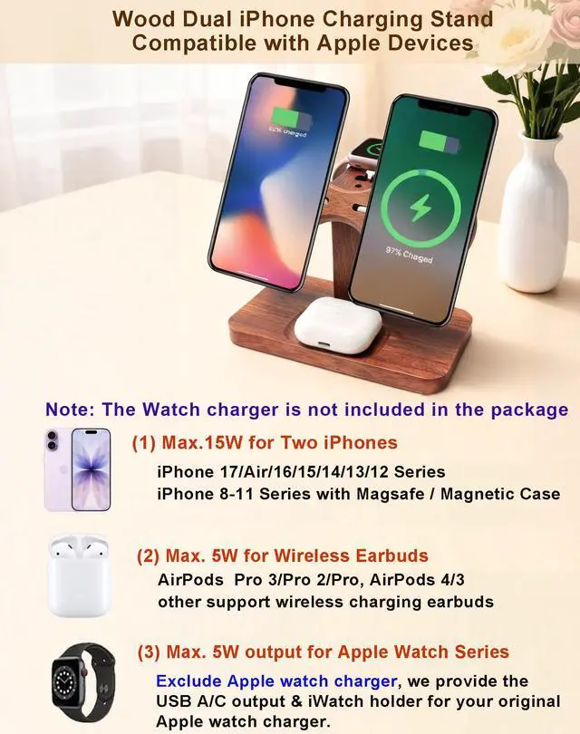 Alt view image 2 of 7 - Magnetic Dual Wireless Charger for Apple Multiple Devices,Two Phone Charging Station for iPhone 17/16/15/14/13,AirPods & Apple Watch,Wood Charger Stand Desk Organizer,Gift for Men Dad Boyfriend