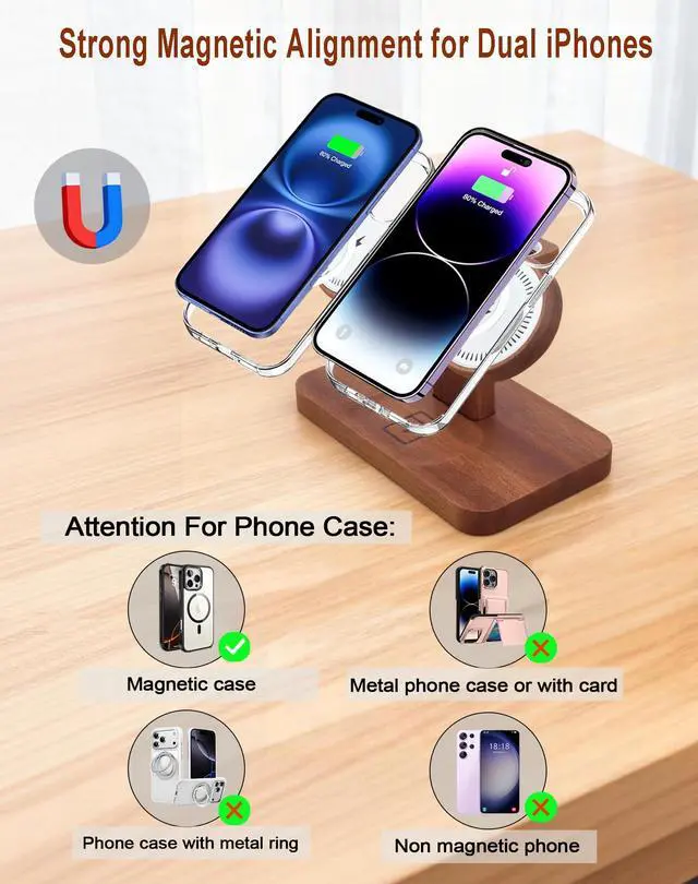 Alt view image 3 of 7 - Magnetic Dual Wireless Charger for Apple Multiple Devices,Two Phone Charging Station for iPhone 17/16/15/14/13,AirPods & Apple Watch,Wood Charger Stand Desk Organizer,Gift for Men Dad Boyfriend