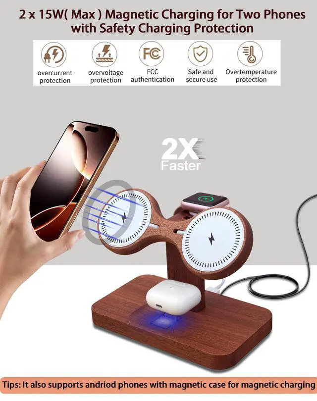 Alt view image 4 of 7 - Magnetic Dual Wireless Charger for Apple Multiple Devices,Two Phone Charging Station for iPhone 17/16/15/14/13,AirPods & Apple Watch,Wood Charger Stand Desk Organizer,Gift for Men Dad Boyfriend
