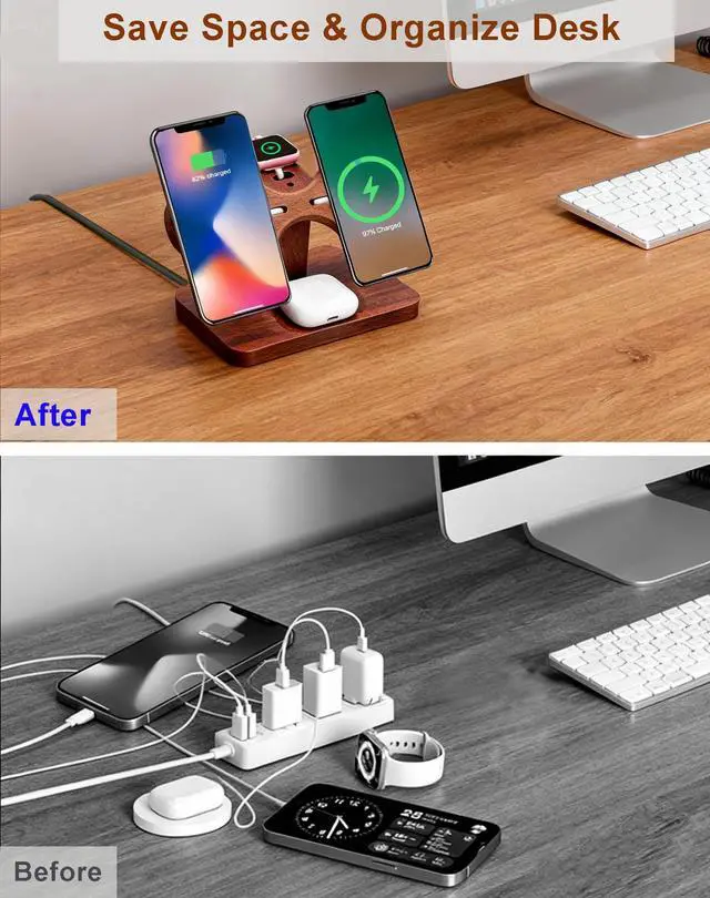 Alt view image 6 of 7 - Magnetic Dual Wireless Charger for Apple Multiple Devices,Two Phone Charging Station for iPhone 17/16/15/14/13,AirPods & Apple Watch,Wood Charger Stand Desk Organizer,Gift for Men Dad Boyfriend