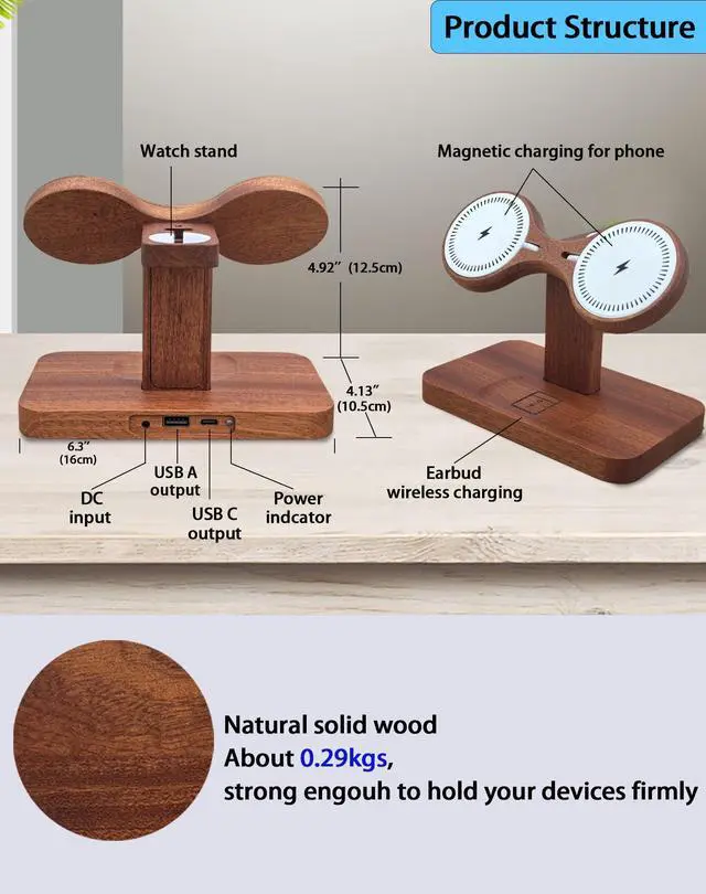 Alt view image 5 of 7 - Magnetic Dual Wireless Charger for Apple Multiple Devices,Two Phone Charging Station for iPhone 17/16/15/14/13,AirPods & Apple Watch,Wood Charger Stand Desk Organizer,Gift for Men Dad Boyfriend