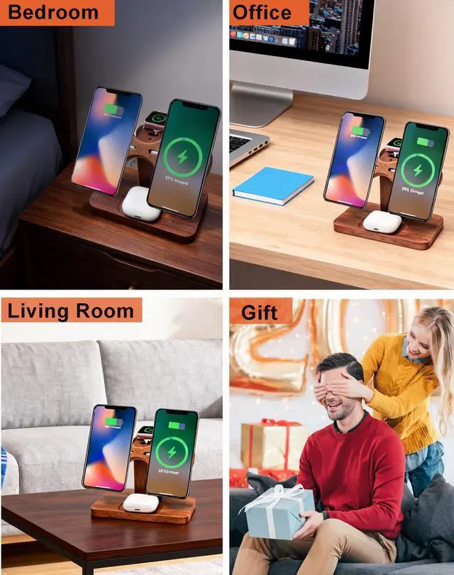 Alt view image 7 of 7 - Magnetic Dual Wireless Charger for Apple Multiple Devices,Two Phone Charging Station for iPhone 17/16/15/14/13,AirPods & Apple Watch,Wood Charger Stand Desk Organizer,Gift for Men Dad Boyfriend