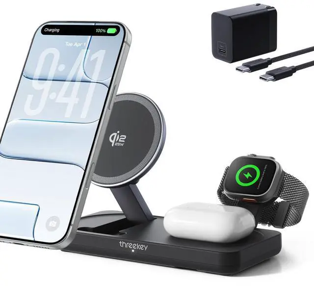 Main image of 3 in 1 Qi2 Wireless Charging Station, 25W Magnetic Charger with MFi-Certified Apple Watch Module for iPhone 17/16/15/14/13/12, AirPods, Pixel 10 Pro XL, 45W Adapter