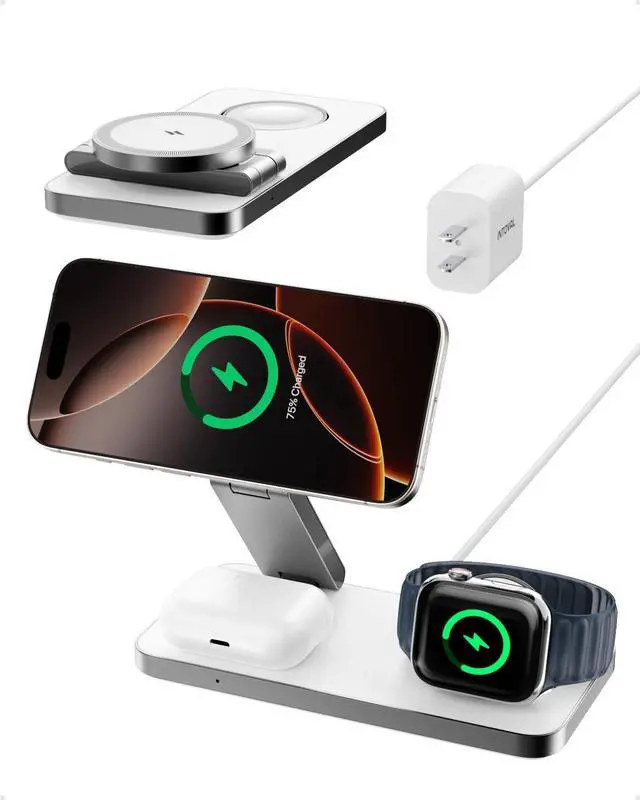 Main image of 3-in-1 Foldable Wireless Charging Station, Qi2 Certified 15W Ultra Fast Wireless Charger for Magsafe, Magnetic Charger Stand for iPhone 17/16/15/14/13/12, Apple Watch & AirPods.(White)