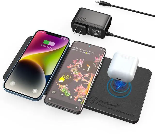 Main image of Wireless Charging Pad, 3 in 1 Charger Mat for iPhone, Samsung Galaxy, Pixel, AirPods & Galaxy Buds, 24W Adapter Included, Ultra Slim, Case Friendly, PU Leather, for Home Office & Travel