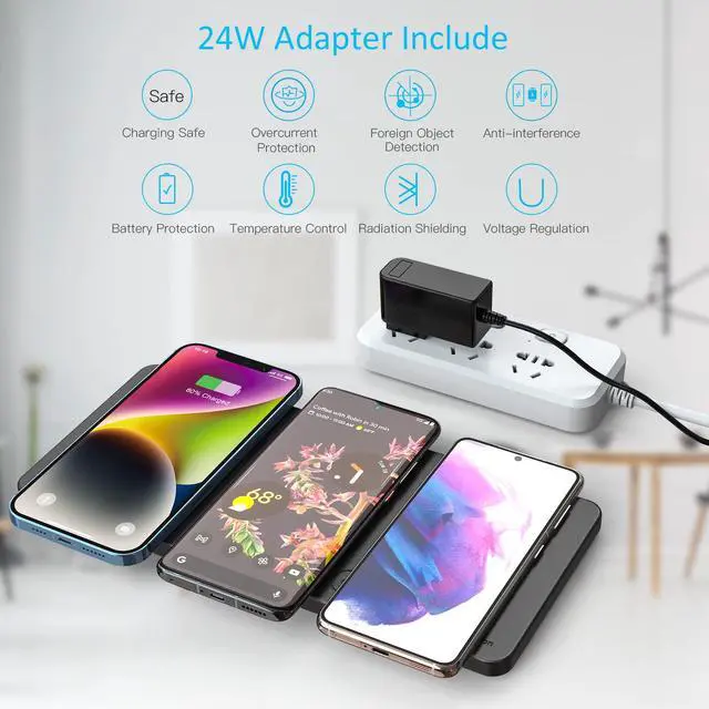 Alt view image 3 of 7 - Wireless Charging Pad, 3 in 1 Charger Mat for iPhone, Samsung Galaxy, Pixel, AirPods & Galaxy Buds, 24W Adapter Included, Ultra Slim, Case Friendly, PU Leather, for Home Office & Travel