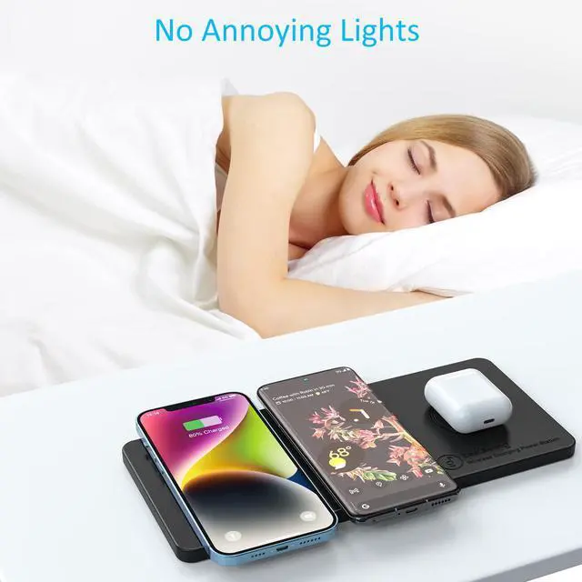 Alt view image 5 of 7 - Wireless Charging Pad, 3 in 1 Charger Mat for iPhone, Samsung Galaxy, Pixel, AirPods & Galaxy Buds, 24W Adapter Included, Ultra Slim, Case Friendly, PU Leather, for Home Office & Travel