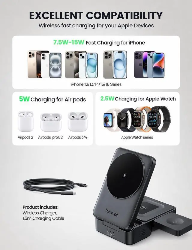 Alt view image 6 of 7 - 3 in 1 Charging Station for Apple Devices, Foldable Wireless for MagSafe Charger Stand for iPhone 17/16/15/14/13/12, Apple Watch & AirPods, Compact Travel Charging Station with Cooling