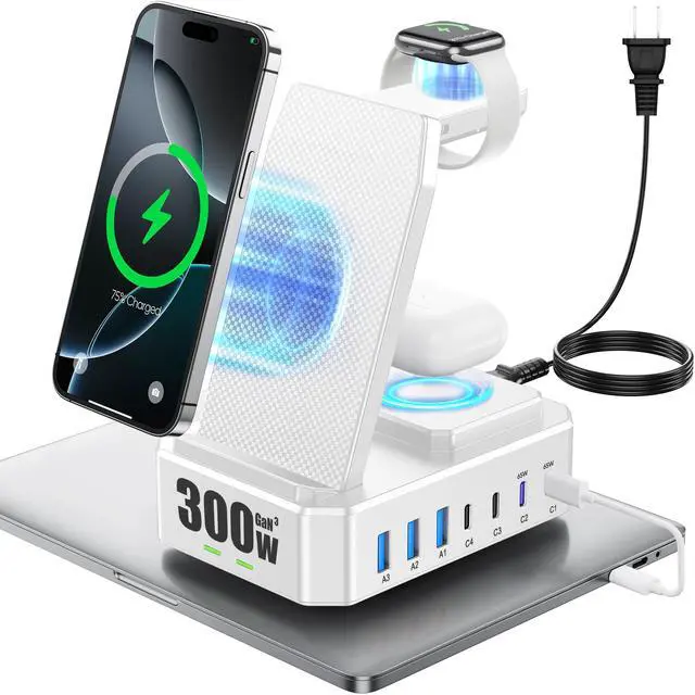 Main image of 300W Charging Station for Multiple Devices Apple,10 in 1 Wireless Charger for iPhone 17, GaN III USB C 65W PD Fast Charging Stand Dock for MacBook, Apple Watch&Airpods,White