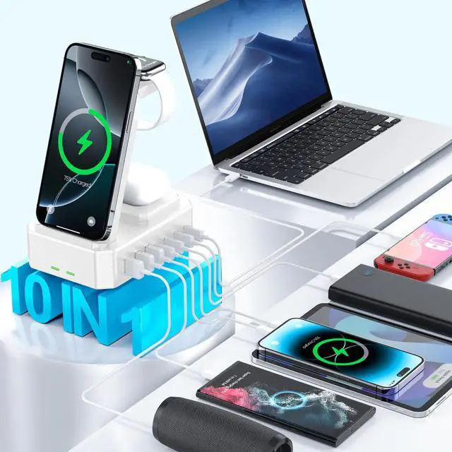 Alt view image 2 of 6 - 300W Charging Station for Multiple Devices Apple,10 in 1 Wireless Charger for iPhone 17, GaN III USB C 65W PD Fast Charging Stand Dock for MacBook, Apple Watch&Airpods,White