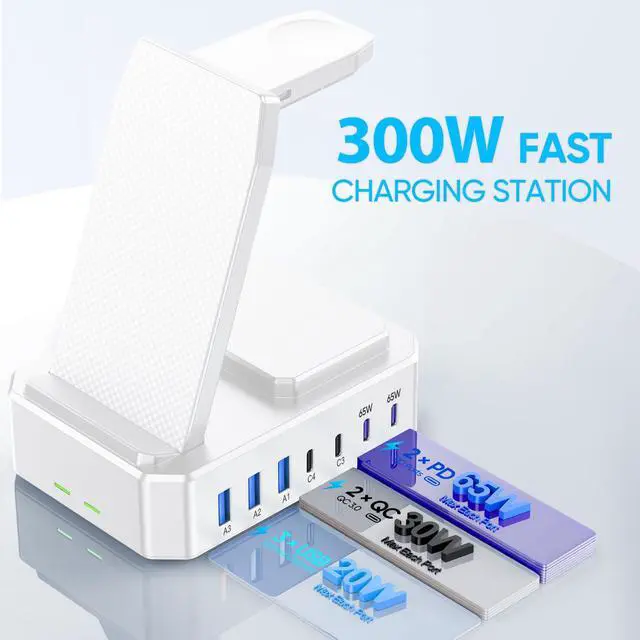 Alt view image 4 of 6 - 300W Charging Station for Multiple Devices Apple,10 in 1 Wireless Charger for iPhone 17, GaN III USB C 65W PD Fast Charging Stand Dock for MacBook, Apple Watch&Airpods,White