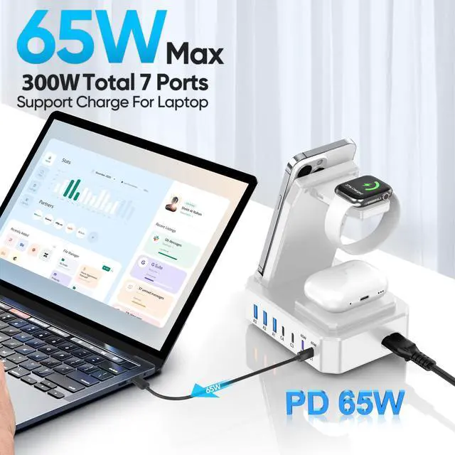 Alt view image 3 of 6 - 300W Charging Station for Multiple Devices Apple,10 in 1 Wireless Charger for iPhone 17, GaN III USB C 65W PD Fast Charging Stand Dock for MacBook, Apple Watch&Airpods,White