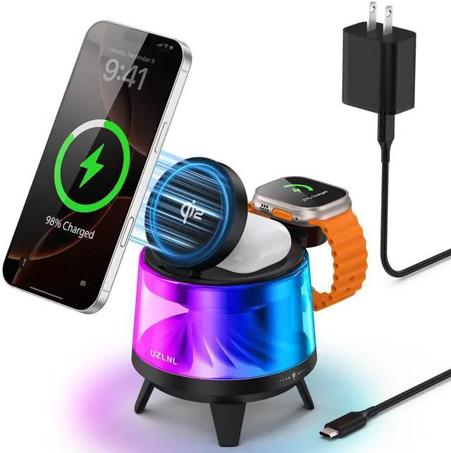 Main image of 3 in 1 Wireless Charging Station for Apple Devices,Mag-Safe Charger Stand,Magnetic Wireless Charger Station,RGB Ambient Light,for iPhone 17 Pro Max 16 15 14 13 12,AirPods & Apple Watch Series