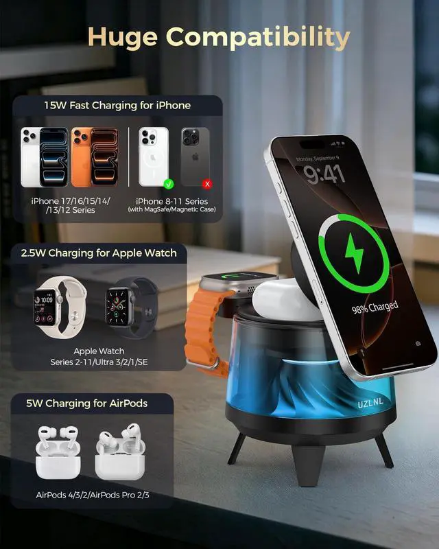 Alt view image 3 of 7 - 3 in 1 Wireless Charging Station for Apple Devices,Mag-Safe Charger Stand,Magnetic Wireless Charger Station,RGB Ambient Light,for iPhone 17 Pro Max 16 15 14 13 12,AirPods & Apple Watch Series