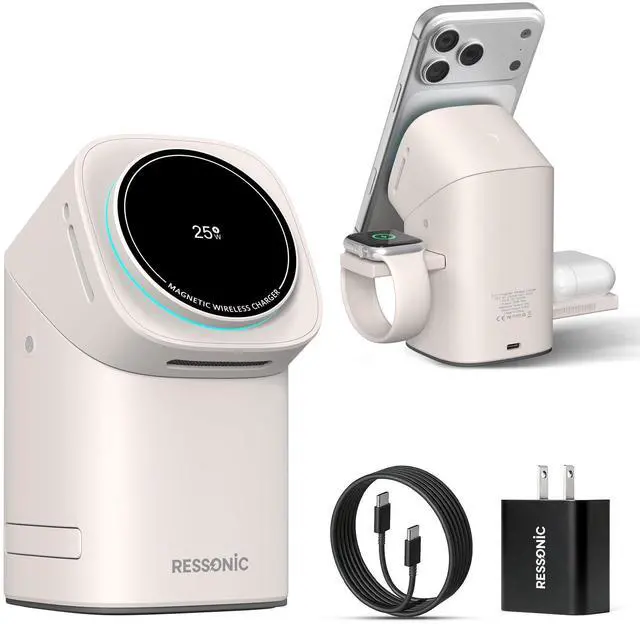 Main image of 3 in 1 Wireless Charging Station for Apple & Samsung, 25W Fast Magnetic Wireless Charger Stand for Magsafe iPhone 17/16/15/14/13/12 Pro Max, Galaxy S25/24/23/22, AirPods, iWatch (with 45W Adapter)