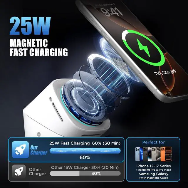 Alt view image 2 of 7 - 3 in 1 Wireless Charging Station for Apple & Samsung, 25W Fast Magnetic Wireless Charger Stand for Magsafe iPhone 17/16/15/14/13/12 Pro Max, Galaxy S25/24/23/22, AirPods, iWatch (with 45W Adapter)