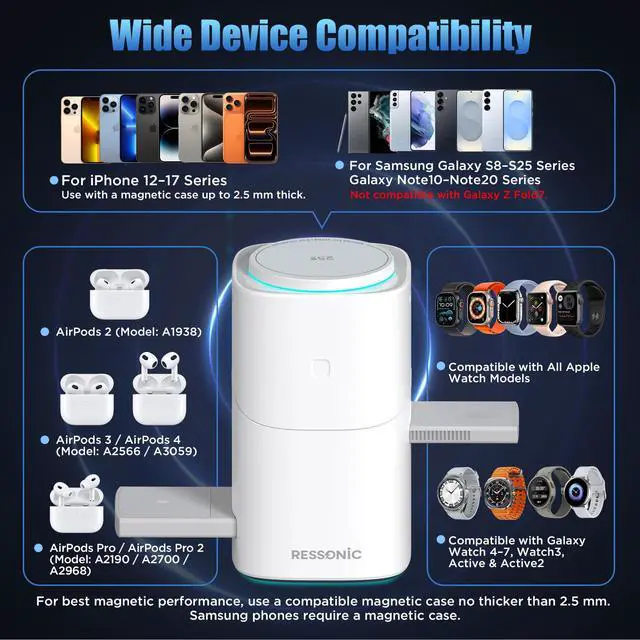 Alt view image 4 of 7 - 3 in 1 Wireless Charging Station for Apple & Samsung, 25W Fast Magnetic Wireless Charger Stand for Magsafe iPhone 17/16/15/14/13/12 Pro Max, Galaxy S25/24/23/22, AirPods, iWatch (with 45W Adapter)