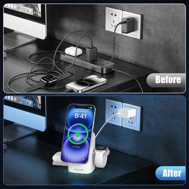 Alt view image 6 of 7 - 3 in 1 Wireless Charging Station for Apple & Samsung, 25W Fast Magnetic Wireless Charger Stand for Magsafe iPhone 17/16/15/14/13/12 Pro Max, Galaxy S25/24/23/22, AirPods, iWatch (with 45W Adapter)