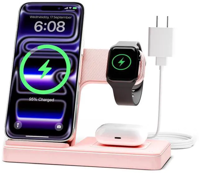 Main image of Wireless Charger Stand Charging Station: 3 in 1 Charger Stand Multiple Devices for Apple - iPhone 17 16e 16 15 14 Pro Max 13 12 - Watch 11 10 9 8 7 6 5 4 3 2 SE and Ultra Series-Airpods 4 3 Pro, Pink