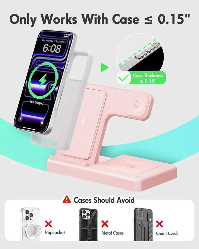 Alt view image 3 of 7 - Wireless Charger Stand Charging Station: 3 in 1 Charger Stand Multiple Devices for Apple - iPhone 17 16e 16 15 14 Pro Max 13 12 - Watch 11 10 9 8 7 6 5 4 3 2 SE and Ultra Series-Airpods 4 3 Pro, Pink