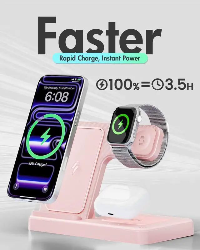 Alt view image 5 of 7 - Wireless Charger Stand Charging Station: 3 in 1 Charger Stand Multiple Devices for Apple - iPhone 17 16e 16 15 14 Pro Max 13 12 - Watch 11 10 9 8 7 6 5 4 3 2 SE and Ultra Series-Airpods 4 3 Pro, Pink