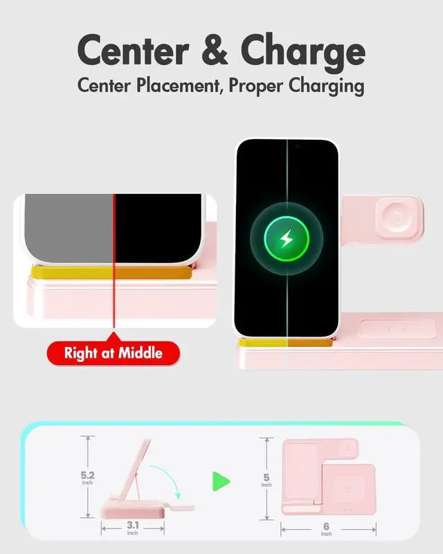 Alt view image 7 of 7 - Wireless Charger Stand Charging Station: 3 in 1 Charger Stand Multiple Devices for Apple - iPhone 17 16e 16 15 14 Pro Max 13 12 - Watch 11 10 9 8 7 6 5 4 3 2 SE and Ultra Series-Airpods 4 3 Pro, Pink