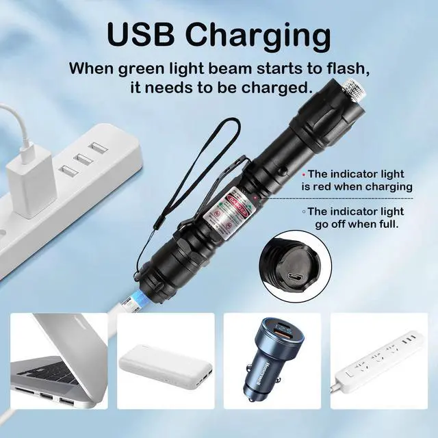Alt view image 4 of 6 - Green Light Flashlight Rechargeable, Long Range Adjustable Focus Tactical Beam for Outdoor Journeys, Camping, Presentations, TV/LED/LCD Screens, and Stargazing