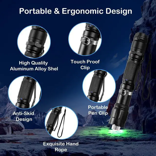 Alt view image 5 of 6 - Green Light Flashlight Rechargeable, Long Range Adjustable Focus Tactical Beam for Outdoor Journeys, Camping, Presentations, TV/LED/LCD Screens, and Stargazing